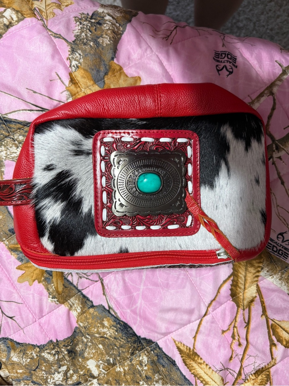 Red Leather & Black-White Cowhide Toiletry Bag